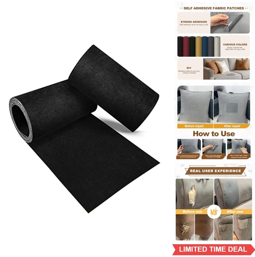 Sofa Fabric Repair Patch Self-Adhesive Microfiber 4×30 Inch 2 Rolls Black
