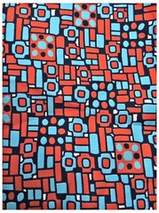 Mid Century Machine Age Nuts Bolts Red Blue Polyester Fabric 45″ x 3.5 Yards