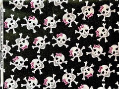 VTG 2008 Girly Skulls on Black, Pink Bow and Silver Glitter – 1 YD 14” x 44”