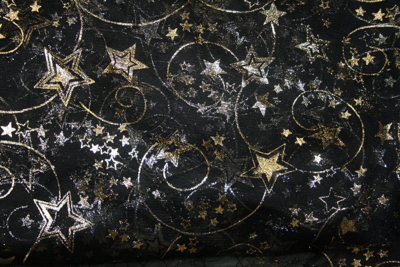 GOLD AND SILVER METALLIC STARS ON BLACK SHEER – 100% POLYESTER FABRIC