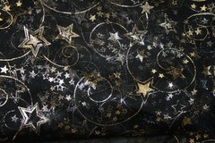 GOLD AND SILVER METALLIC STARS ON BLACK SHEER – 100% POLYESTER FABRIC
