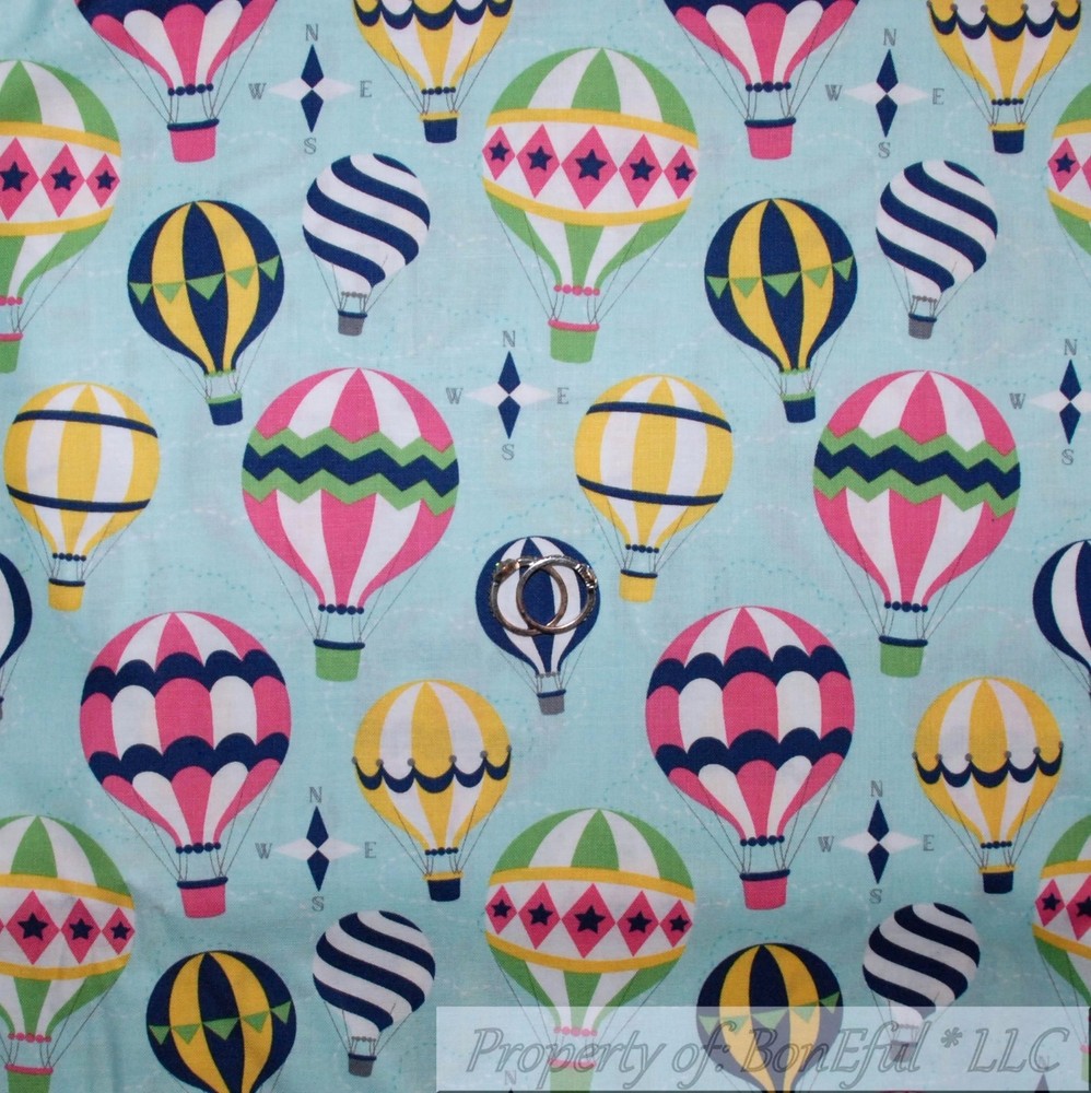 BonEful FABRIC FQ Cotton Quilt Blue White Cloud Sky Hot Air Balloon Star America