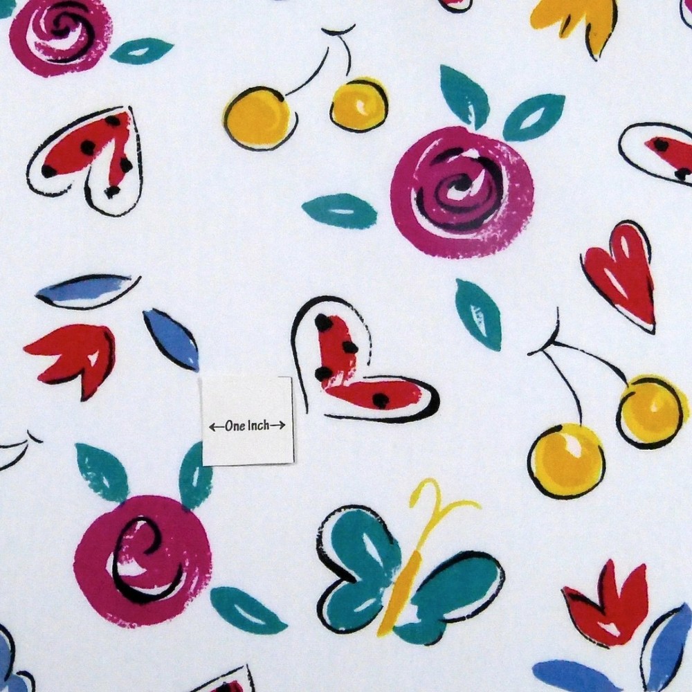 64″ W, Kitschy Print, Red & Yellow on White, Cotton Rich Blend, BTY