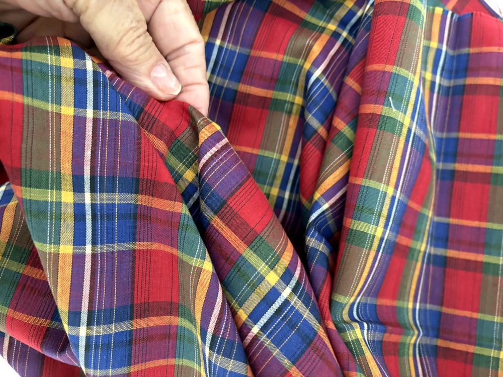 VTG 1 Yd 45X33″ Navy Blue Green Red Yellow PLAID Print Cotton QUILT FABRIC
