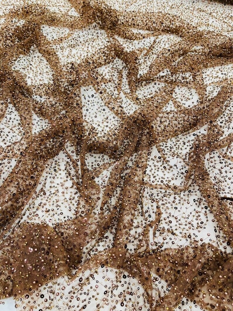 Brown Beaded Sequin with pearls Yard, Glitter Mesh, Prom Dress Fabric