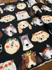 Super Snuggle Flannel Fabric Dogs w Flower Halo Wreaths on Black BTHY 42″W PUPS