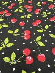Green Leaves Red Cherries White Dots on Black Cotton Fabric BTHY #41