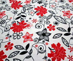 3 1/3 Yds x 60″w White w/Red & Black Floral Design Polyester Crepe Fabric