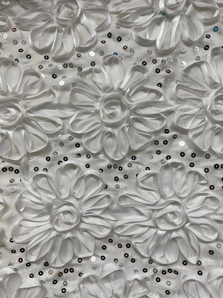 Allie WHITE 3D Floral Polyester Satin Rosette with Sequins Fabric by the Yard –