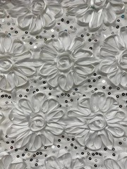 Allie WHITE 3D Floral Polyester Satin Rosette with Sequins Fabric by the Yard –