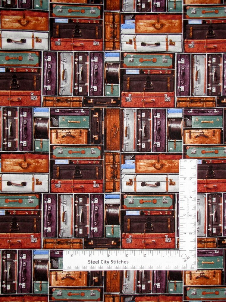 Train Luggage Suitcase Travel Fabric By the Yard Cotton Blank Textiles Express