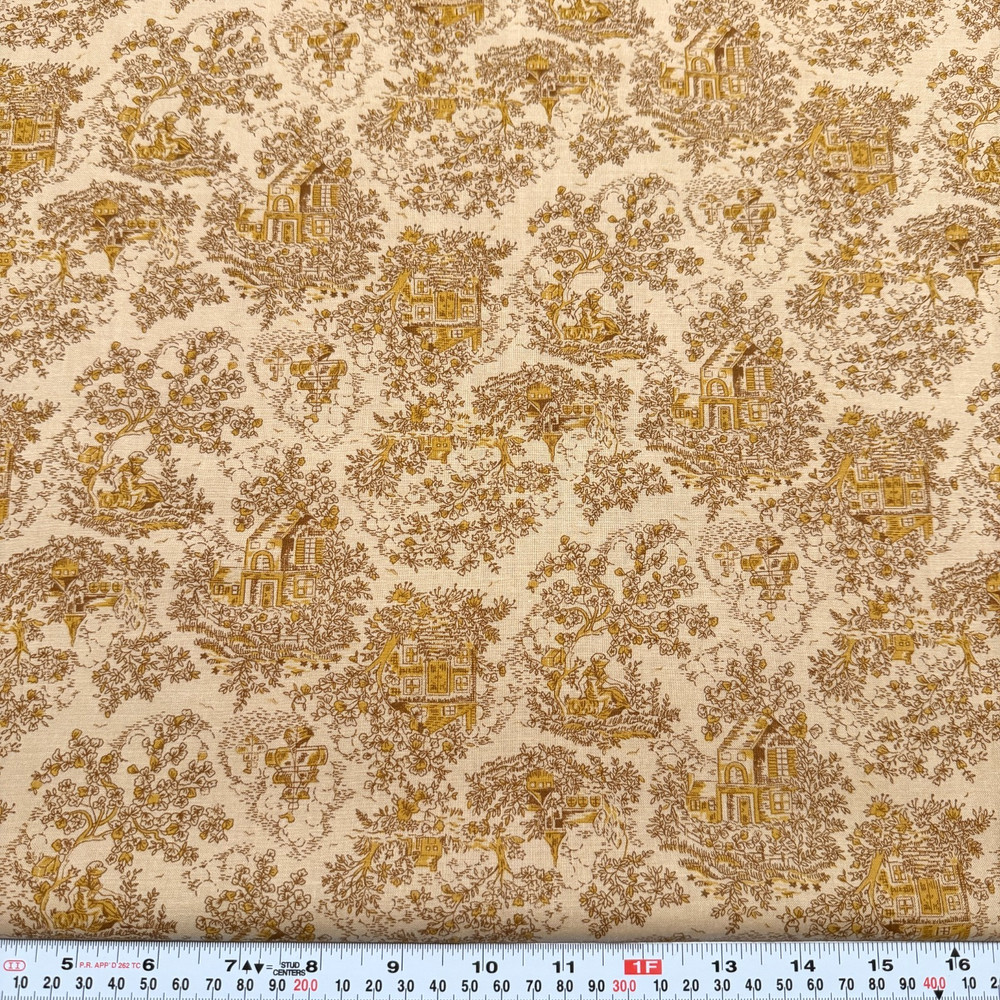 Vintage 1996 Classic Cottons Gold & Beige Toile de Jouy Fabric by the HALF YARD