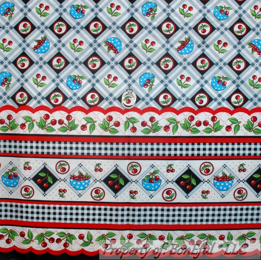 BonEful FABRIC FQ Cotton Quilt Red White Blue CHERRY American Stripe Dot Border