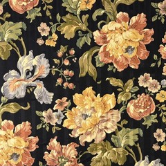 Vintage Mill Creek Floral Stripe BLACK Cotton Drapery Curtain Pillow Fabric BTY