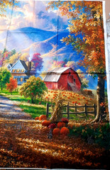 36×44 Fabric Panel Autumn Country Harvest Pumpkins Deer Red Barn DAVID TEXTILES