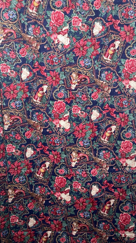 Vtg Cranston VIP Joan Messmore Fabric Christmas Floral Santa Cotton 5 yards