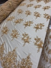 Gold 3d Lace Embroidered 3d Floral Beaded Fabric Sold By The Yard Scalloped