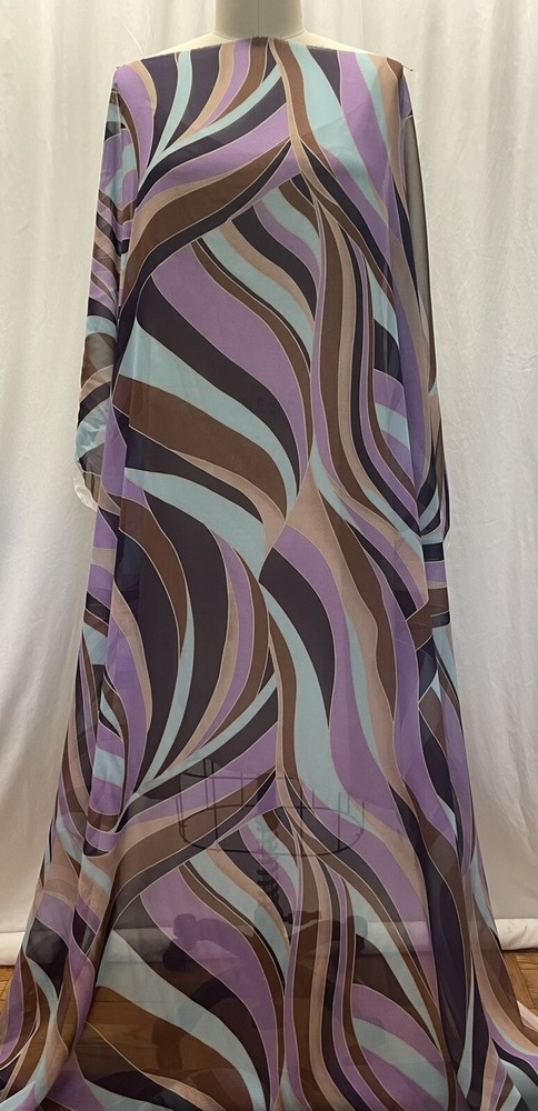 100% Silk Georgette Purple Brown Blue Tan Swirls Fabric By the Yard 52″ Wide