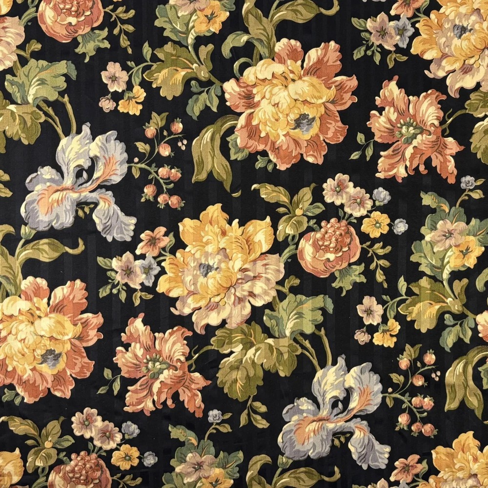 Vintage Mill Creek Floral Stripe BLACK Cotton Drapery Curtain Pillow Fabric BTY
