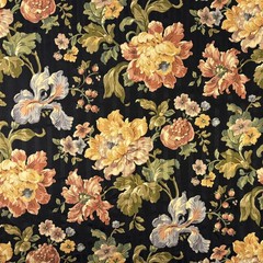 Vintage Mill Creek Floral Stripe BLACK Cotton Drapery Curtain Pillow Fabric BTY