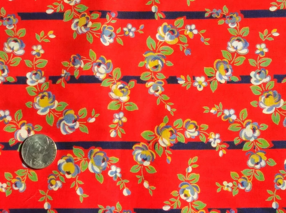 Vtg cotton broadcloth quilting fabric in a bright red with navy blue stripes