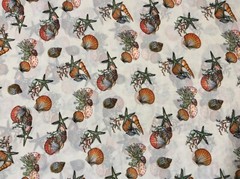 Sea shell sea weed star fish polyester chiffon fabric on beige, 58″ by 20″