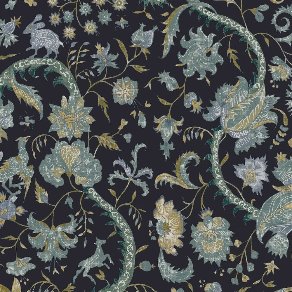Suzanne Tucker Enchanted Forest Print Fabric- Fantasie / Bleu Marin 13 yds