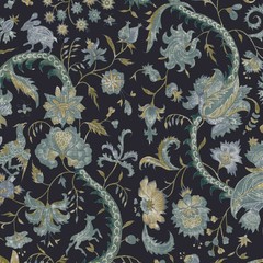 Suzanne Tucker Enchanted Forest Print Fabric- Fantasie / Bleu Marin 13 yds