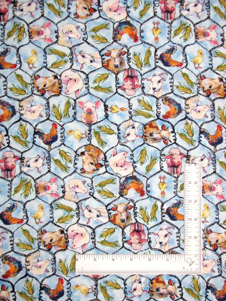 Farm Animal Chicken Wire Fabric By Yard Out of Farms Way Cotton Blank Textiles