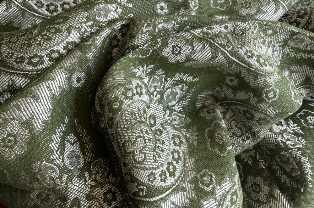 VTG Olive Green Silver Grey Woven Jacquard Damask Drapery Or Upholstery Fabric