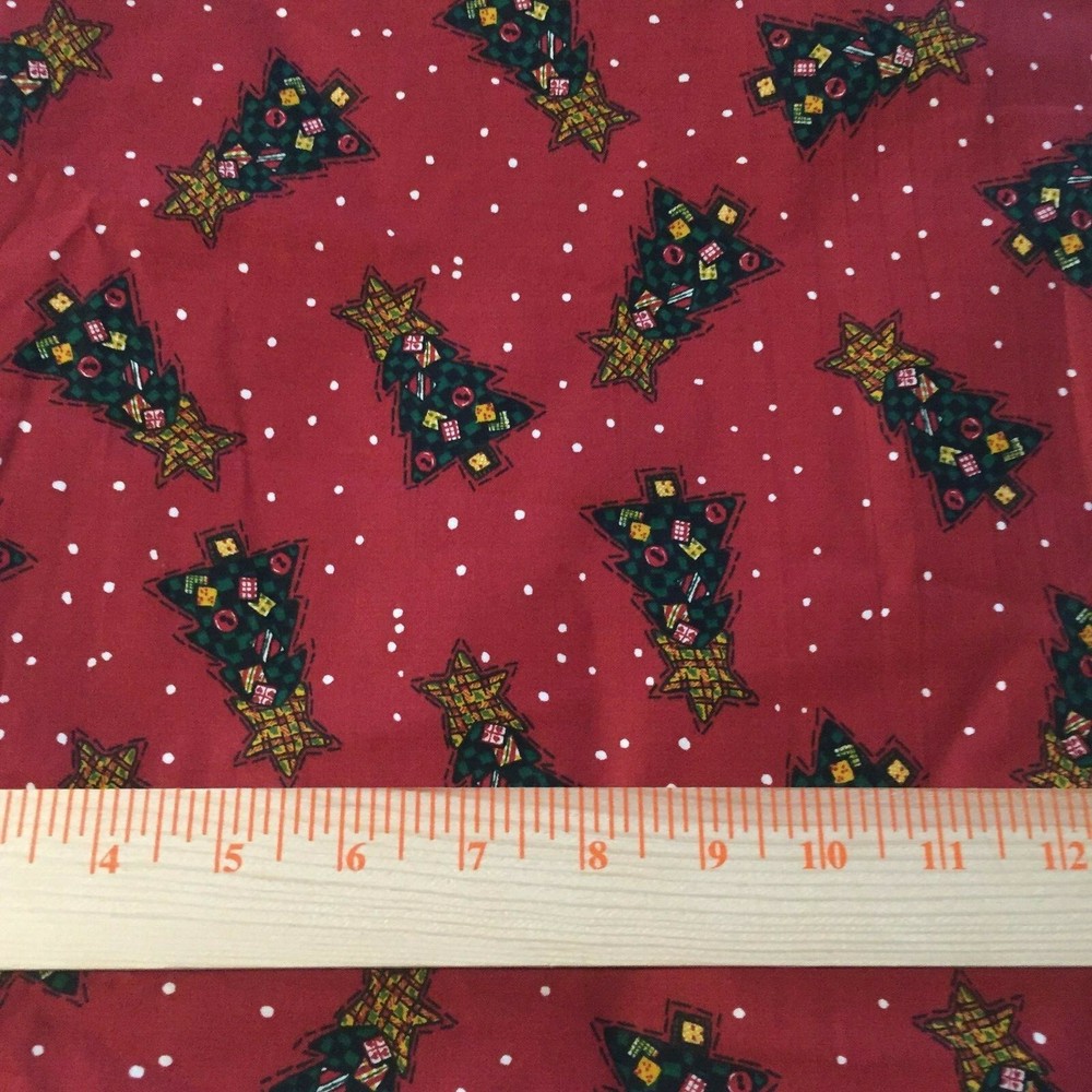 Cotton Christmas tree print fabric-trees & dots on wine red-1 yd 18″ x 45″