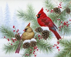 Cardinals in Pinecones Quilt Panel ~ 36″ x 44″ ~ Winter, Holiday Fabric