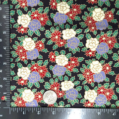 VTG Roses Poinsettia Holly On Black Allover Print Quilting Cotton Fabric 43″ L