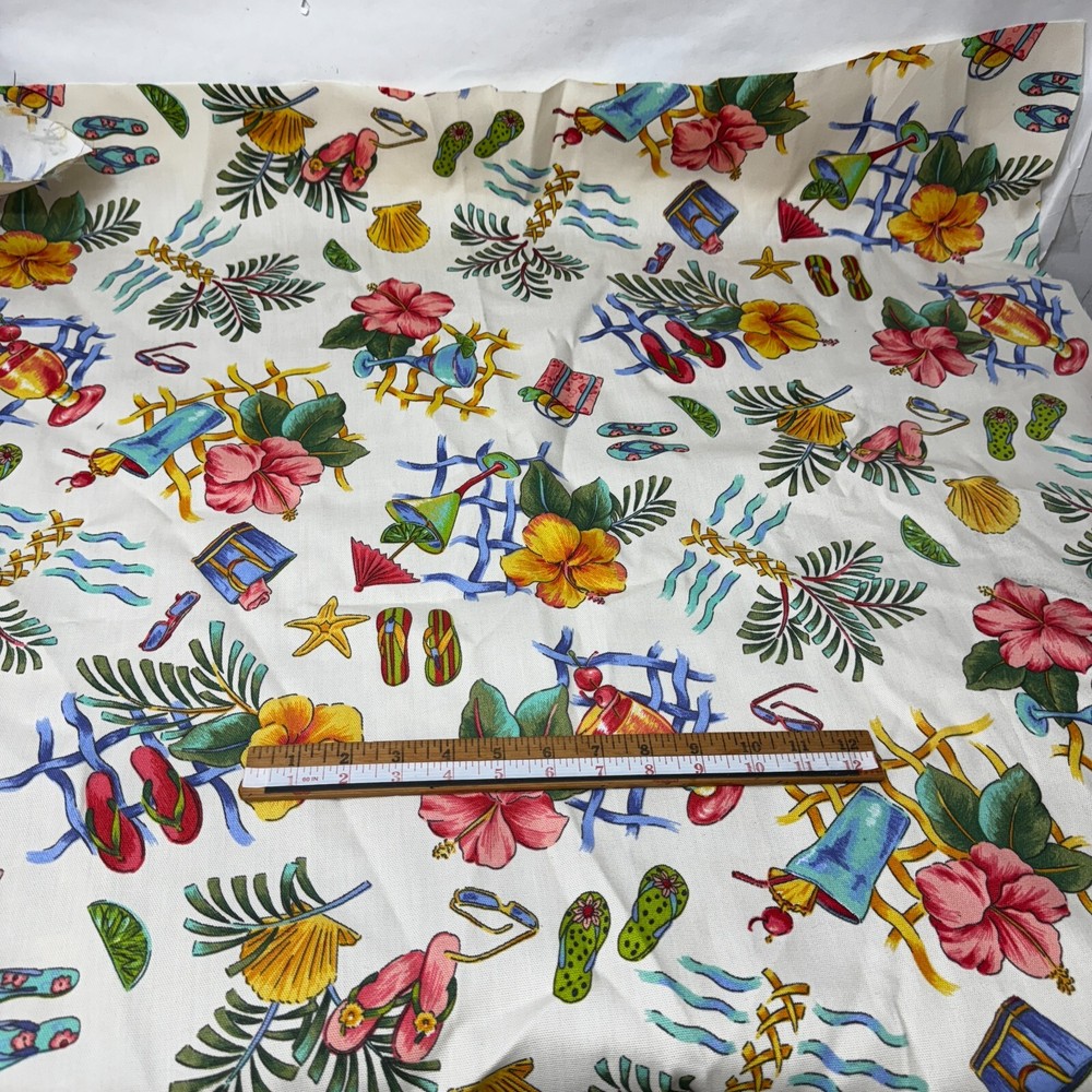 RICHLOOM Fabric Cotton Canvas 36″x36″ White Beach Color Flip Flops Flowers