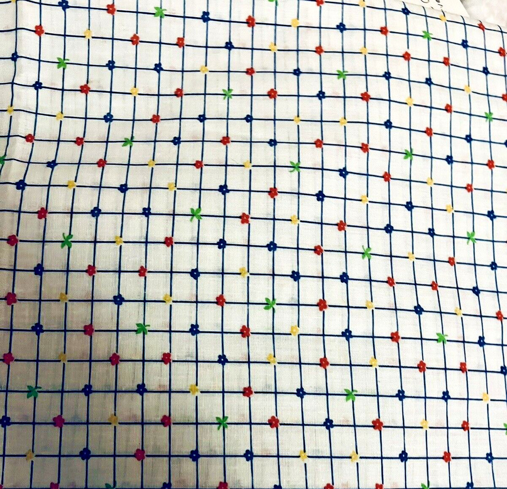 VTG Yellow Red Green Florals on Squares of Blue on White 44″ X 20″