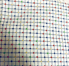 VTG Yellow Red Green Florals on Squares of Blue on White 44″ X 20″