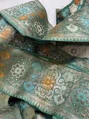 Antique Vintage Jade Green Heavy Silk Brocade Ribbon Silver Metal Thread 5”x 1YD
