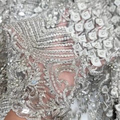 Silver Beads Lace Fabric By The Yard Embroidery 3d Chiffon Leaves Sequins Lace