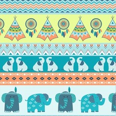 Boho Baby Blue/Green Novelty Stripe Elephant Indian Fabric 1/2 Yard #4303