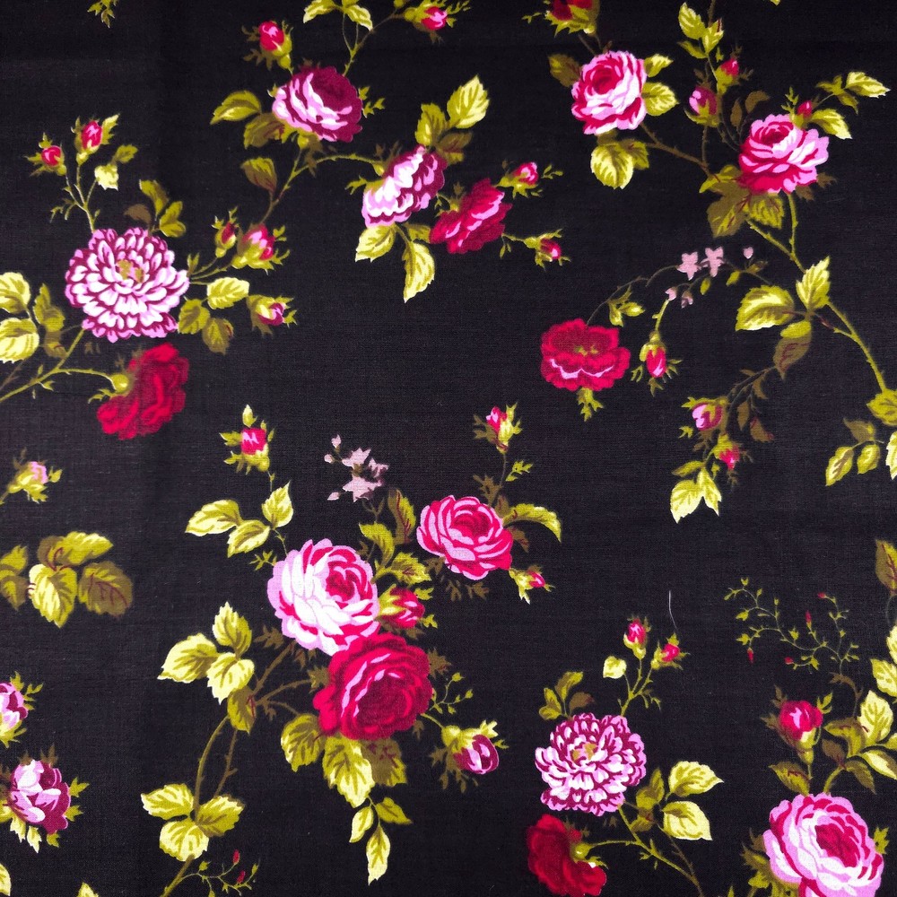 Romantic Ruby Red Floral Fabric | Black Poly-Cotton Blend by the Yard | 58″