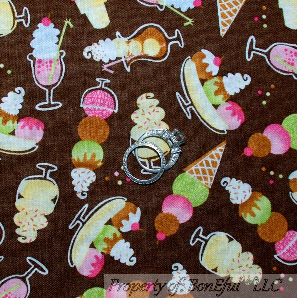 BonEful FABRIC FQ Cotton Brown Pink Cherry Ice Cream Cone Dot Birthday Sundae NR