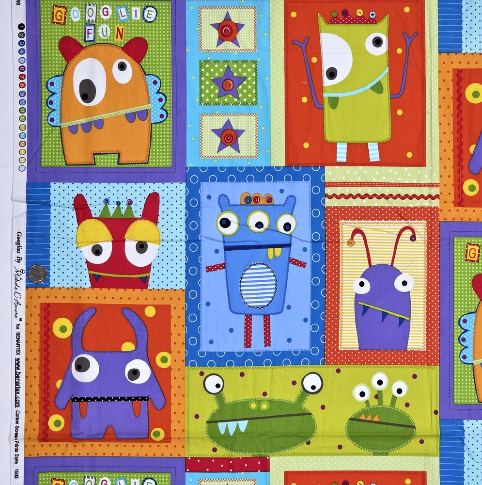 Googlies Monsters Cheater Quilt Blocks Juvenile Cotton Fabric Benartex 1.5 YDS