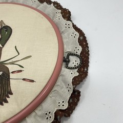 Vtg Set of 3 Hoop Fabric Wall Art Mallard Duck Decor Ruffled Lace Round Cabin