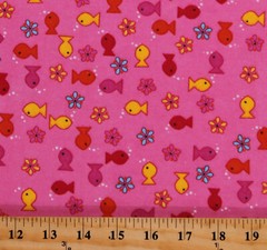 Flannel Fish Goldfish Flowers on Pink Kids Cotton Flannel Fabric Print D277.14