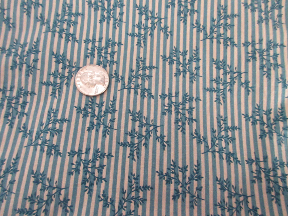 Vtg Blue Leaves & Tan Striped Marcus Bro Cotton Fabric 1 Yd 15 Inches