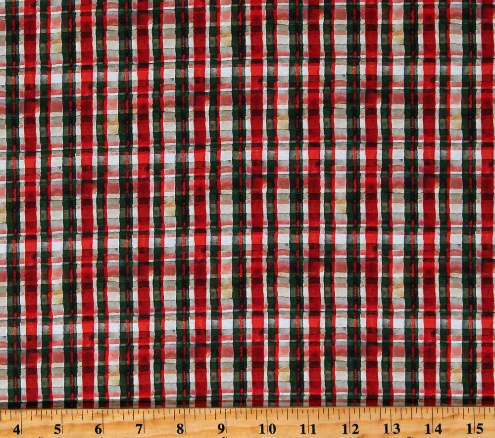 Cotton Red and Green Christmas Plaid Santas Arrival Fabric Print by Yard D406.50