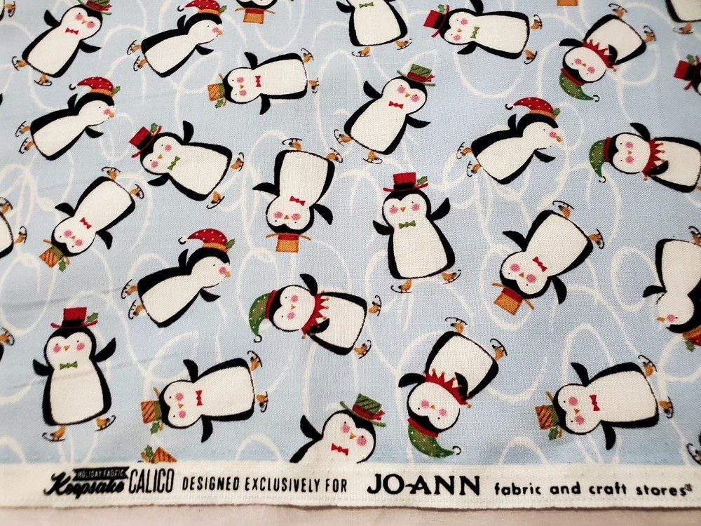 1 Yard Penguins Ice Skating Keepsake Calico Tossed Christmas Holiday Cotton Blue