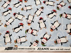1 Yard Penguins Ice Skating Keepsake Calico Tossed Christmas Holiday Cotton Blue