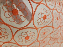 Vintage 60’s 70’s Sheer Embroidered Floral Red Orange Fabric Remnant 34 X 51