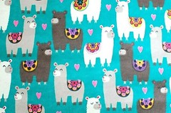 BTY*FACE MASK*WHITE/GREY LLAMAS WITH SADDLES ON TURQUOISE FLANNEL FABRIC 42X36″
